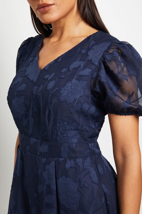Floral Jacquard Puff Sleeve Midi Dress - Image 5