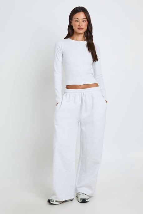 Petite Rib Button Through Long Sleeve Top Tracksuit - Image 1