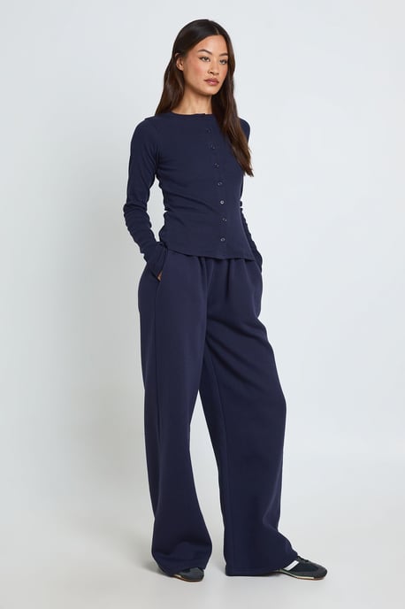 Tall Rib Button Through Long Sleeve Top Tracksuit - Image 1