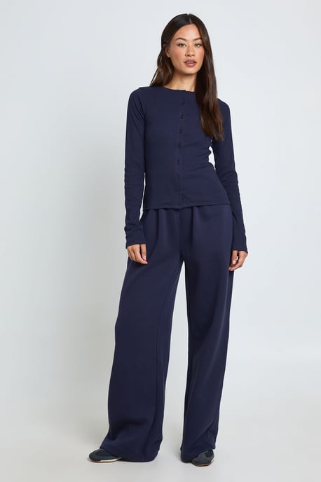 Tall Rib Button Through Long Sleeve Top Tracksuit - Image 3
