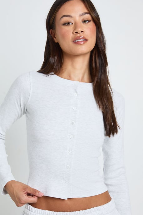 Petite Rib Button Through Long Sleeve Top Tracksuit - Image 4