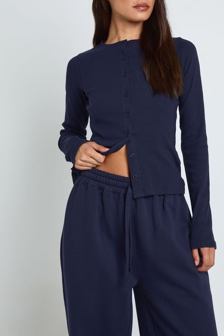 Tall Rib Button Through Long Sleeve Top Tracksuit - Image 4
