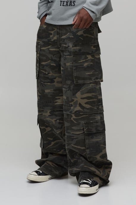 Tall Camo Print Zip Off 2-in-1 Baggy Cargo Trousers - Image 1