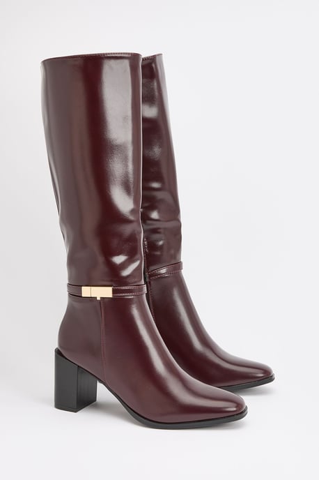 Joy Faux Leather Metal Trim High Block Heel High Leg Boots - Image 1