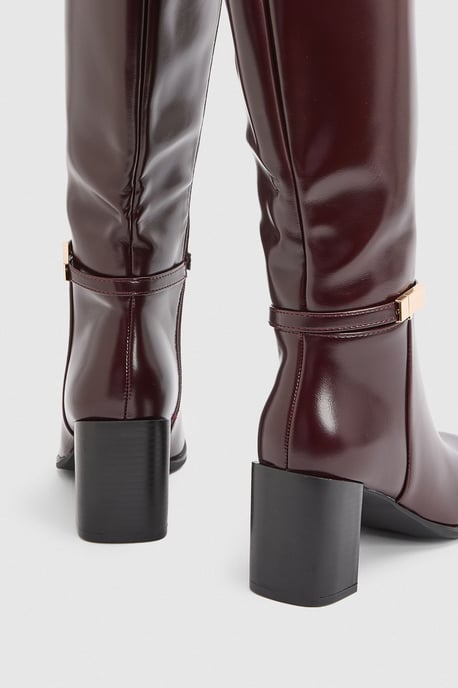 Joy Faux Leather Metal Trim High Block Heel High Leg Boots - Image 2