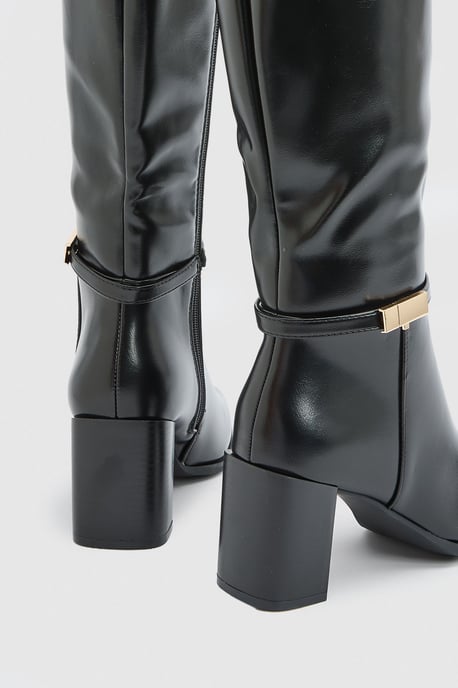 Joy Faux Leather Metal Trim High Block Heel High Leg Boots - Image 2