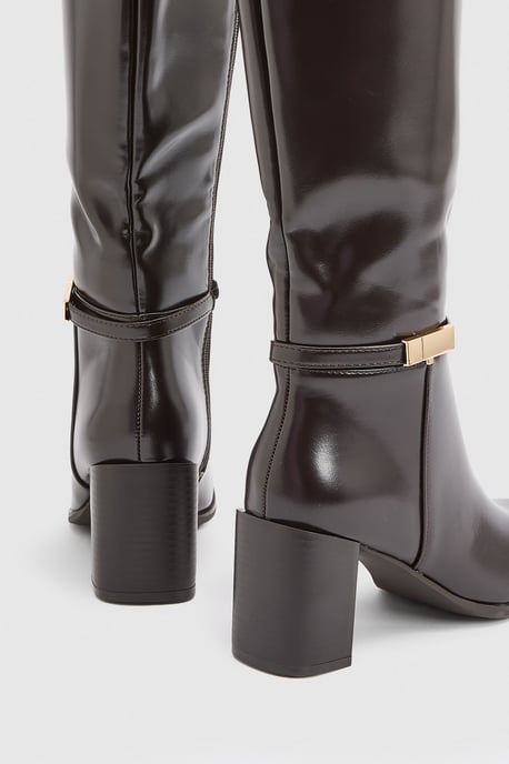 Joy Faux Leather Metal Trim High Block Heel High Leg Boots - Image 2