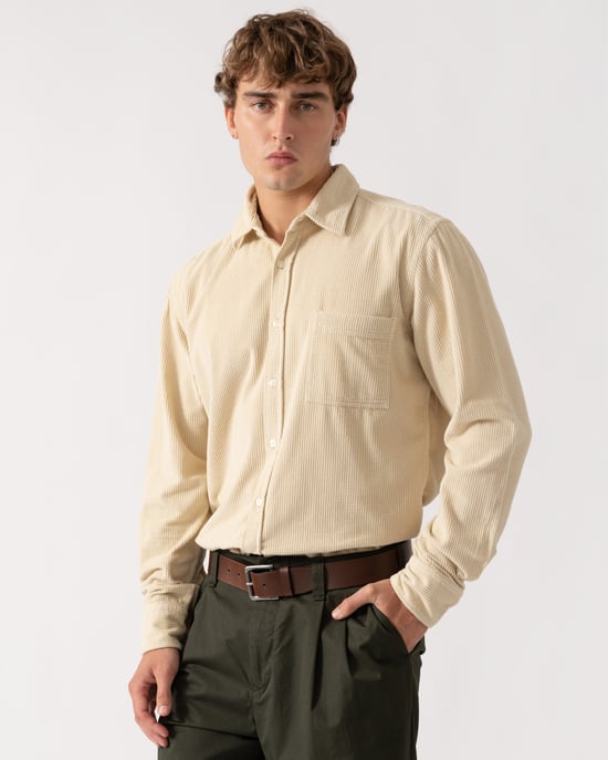 Regular Fit Long Sleeve Logo Detail Shirt in Ecru - Image 1