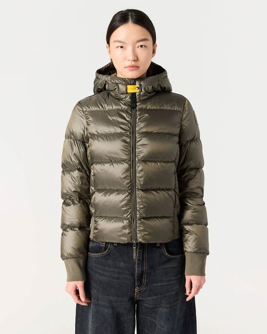 Mariah Adjustable Drawstring Hooded Down Bomber in Olive - Image 1