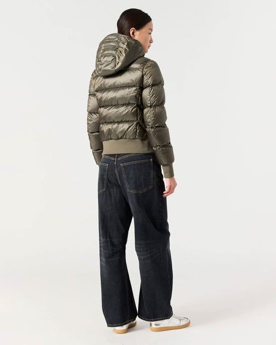 Mariah Adjustable Drawstring Hooded Down Bomber in Olive - Image 2