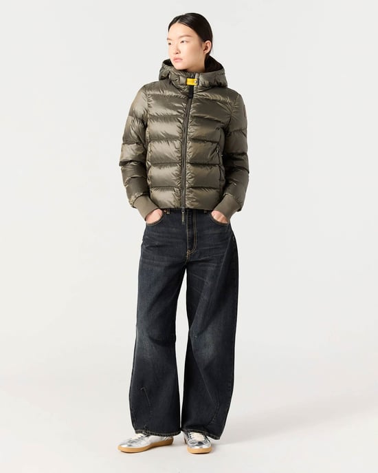 Mariah Adjustable Drawstring Hooded Down Bomber in Olive - Image 3
