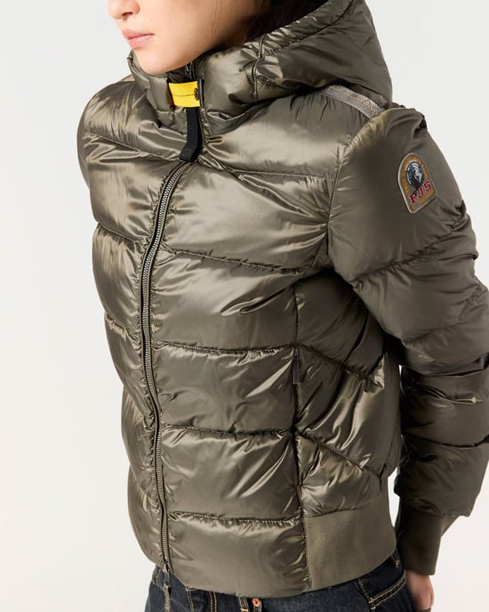 Mariah Adjustable Drawstring Hooded Down Bomber in Olive - Image 4