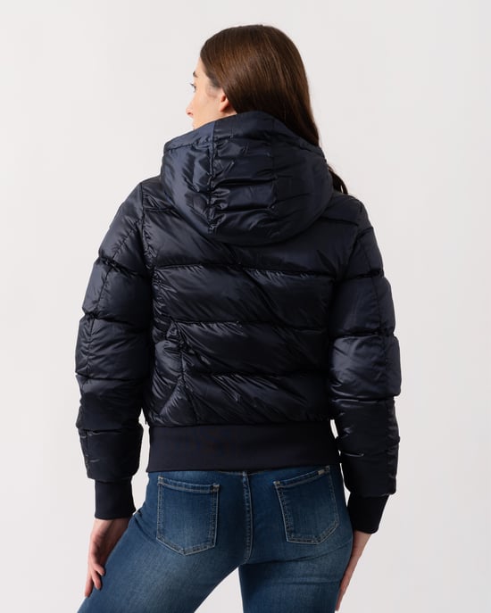 Mariah Adjustable Drawstring Hooded Down Bomber in Navy - Image 3