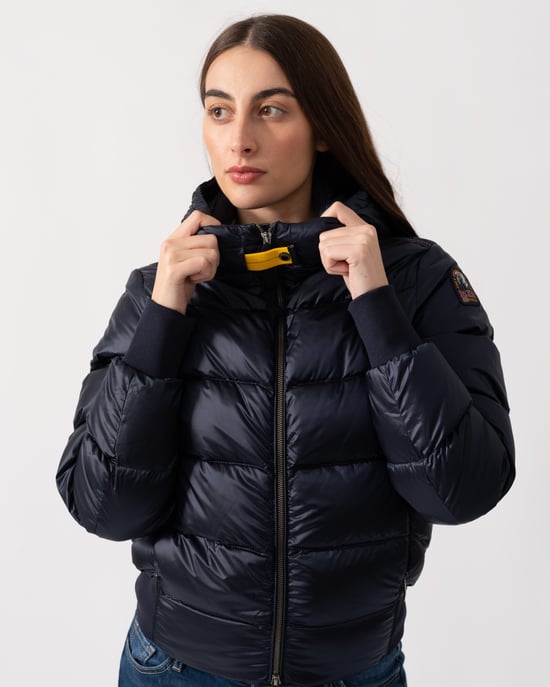 Mariah Adjustable Drawstring Hooded Down Bomber in Navy - Image 4