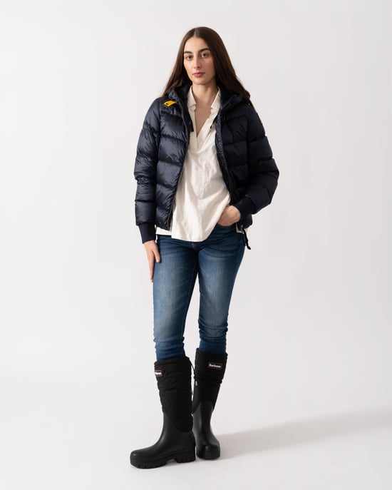 Mariah Adjustable Drawstring Hooded Down Bomber in Navy - Image 5