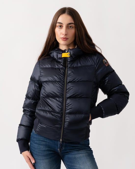 Mariah Adjustable Drawstring Hooded Down Bomber in Navy - Image 6