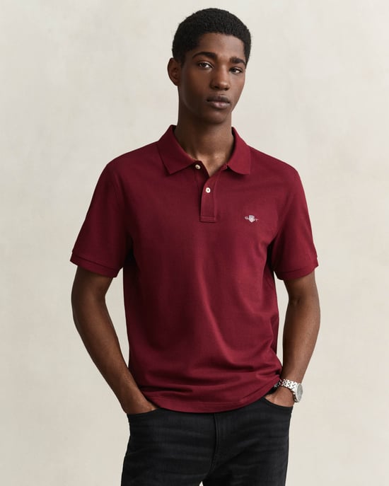 Regular Fit Short Sleeve Logo Detail Polo Shirt in Burgundy - Image 1
