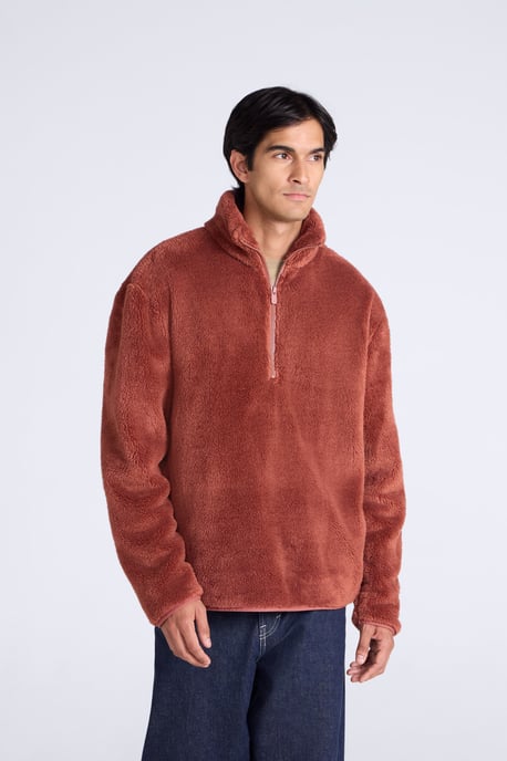 Men's Fleece Teddy Sweater with Pockets Half Zip Warm Cosy Casual Jacket - Image 1