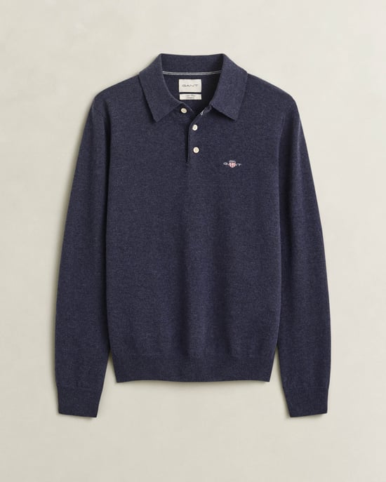 Regular Fit Long Sleeve Polo Shirt in Dark Navy - Image 1