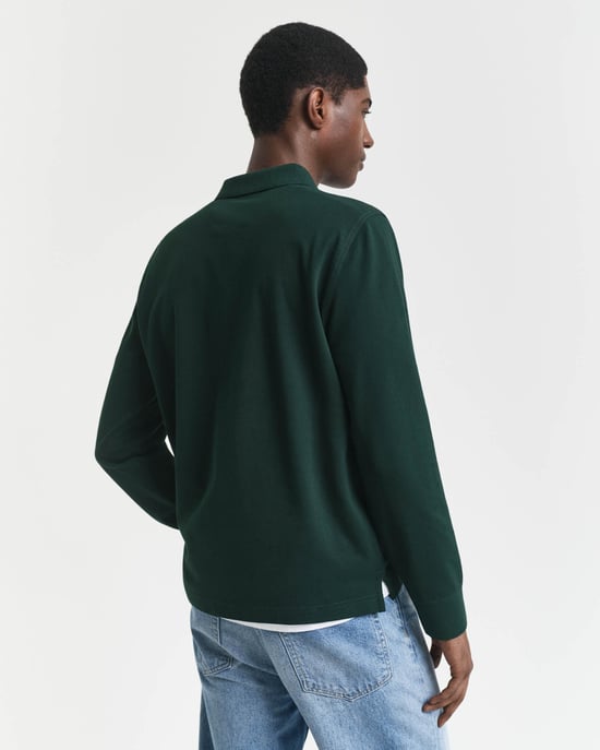 Regular Fit Long Sleeve Logo Detail Polo Shirt in Dark Green - Image 2