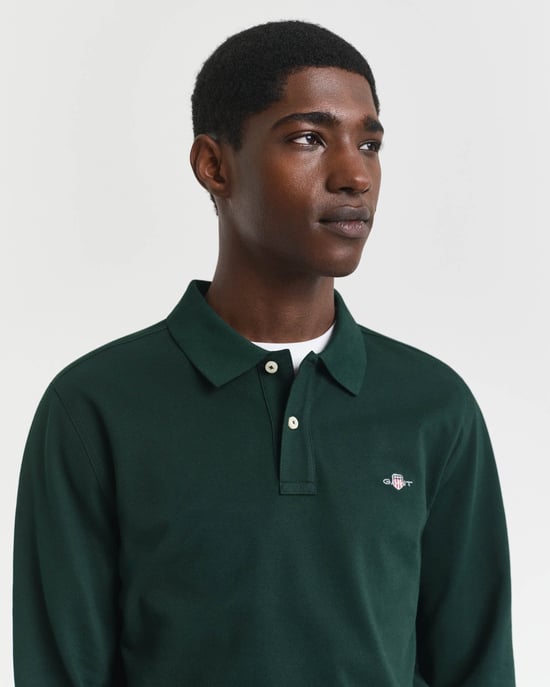 Regular Fit Long Sleeve Logo Detail Polo Shirt in Dark Green - Image 3