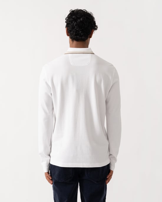 Long Sleeve Logo Detail Polo Shirt in White - Image 2
