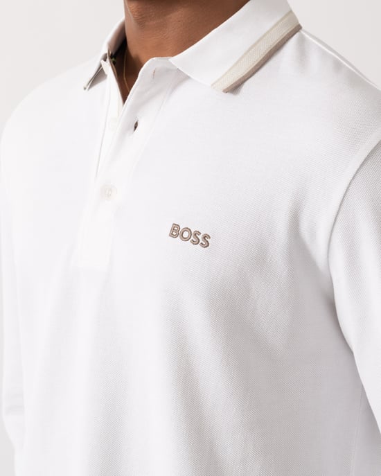 Long Sleeve Logo Detail Polo Shirt in White - Image 3