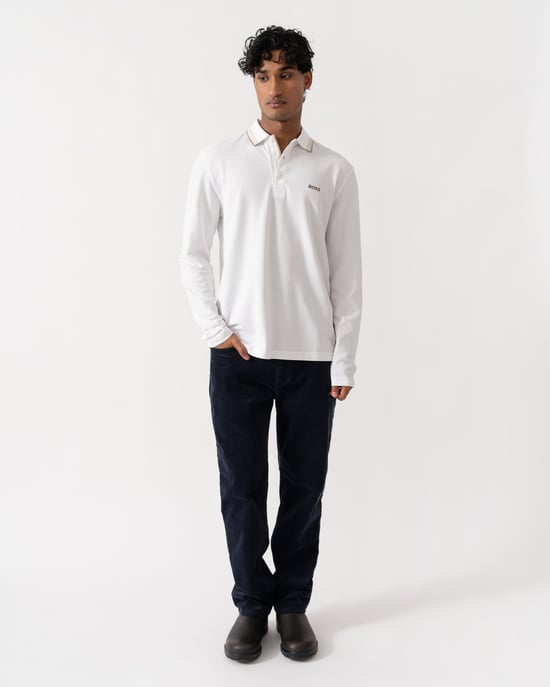 Long Sleeve Logo Detail Polo Shirt in White - Image 4