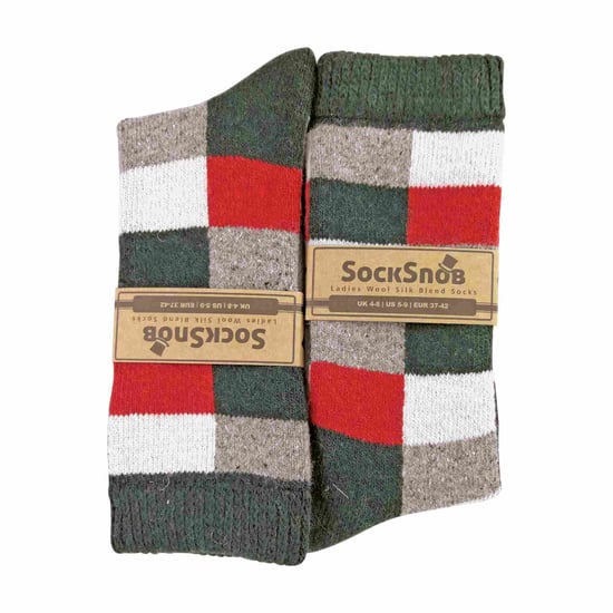 Dames geruite wol / zijde mix sokken - Groen Rood - Image 2