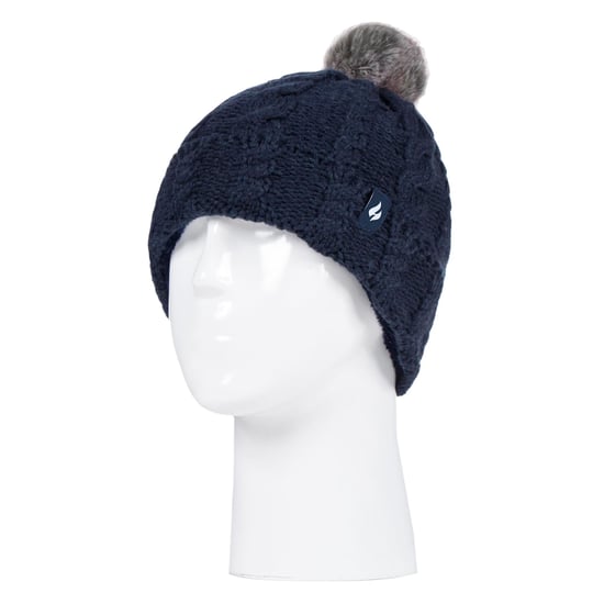 Heat Holders - Girls Bobble Pom Pom Hat and Gloves Set | Turn Over Cuff Hat & Cable Knit Gloves Style - Navy - Image 3