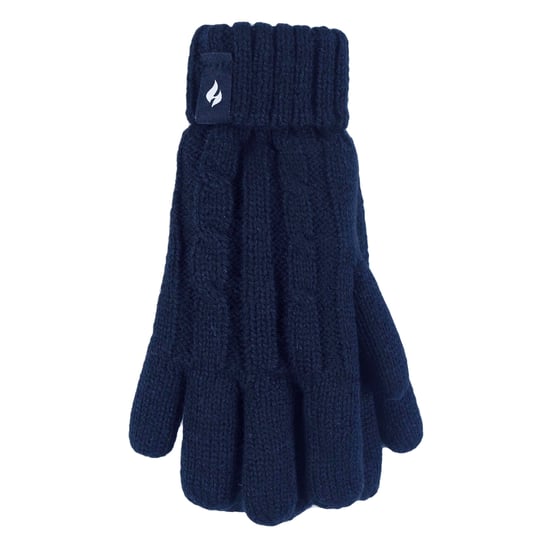 Heat Holders - Girls Bobble Pom Pom Hat and Gloves Set | Turn Over Cuff Hat & Cable Knit Gloves Style - Navy - Image 4
