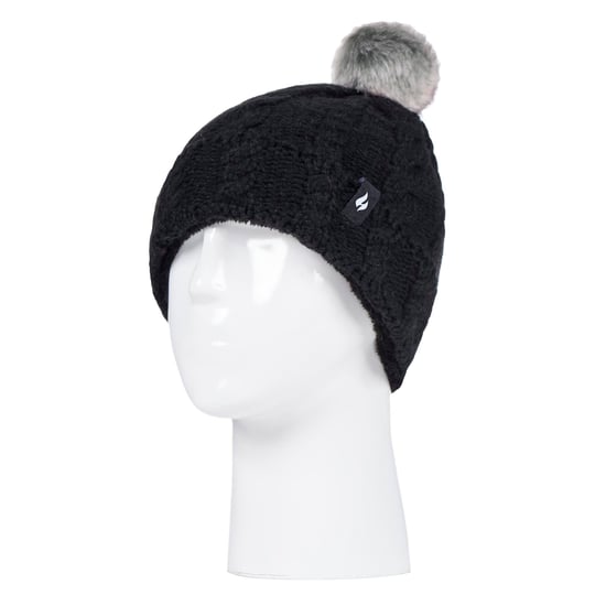 Heat Holders - Girls Bobble Pom Pom Hat and Gloves Set | Turn Over Cuff Hat & Cable Knit Gloves Style - Black - Image 3