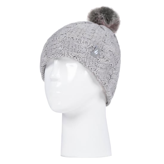 Heat Holders - Girls Bobble Pom Pom Hat and Gloves Set | Turn Over Cuff Hat & Cable Knit Gloves Style - Frost Grey Melange - Image 3
