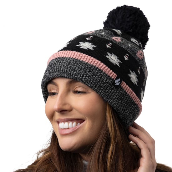 Heat Holders - Ladies Warm Knit Fleece Lined Winter Warm Hat with Pom Pom - Pink / Grey - Image 5
