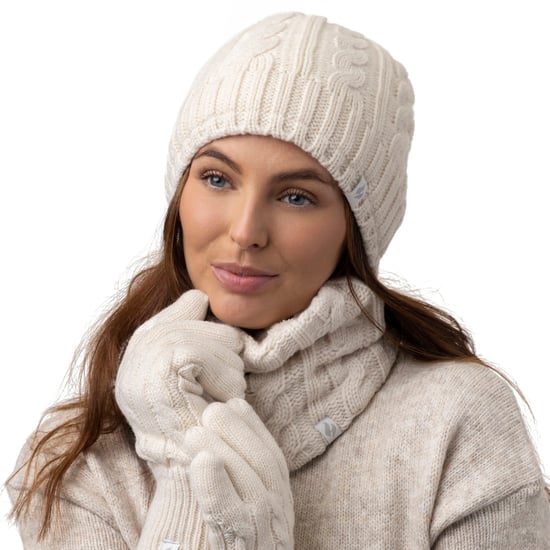 Ladies Knitted Hat Scarf & Gloves Set | Heat Holders | Womens Fleece Lined Thermal Cold Weather Set for Winter - Cream - Image 3