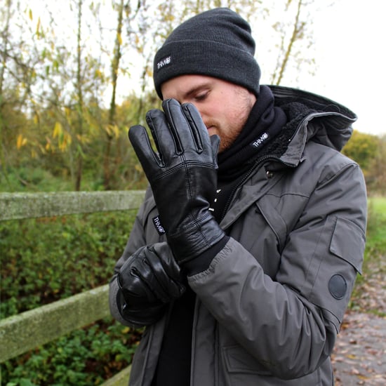 Men's Thinsulate Leather Gloves | THMO | Winter Outdoor Windproof Fleece Lining Leather Gloves in Black - Black - Image 3