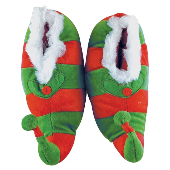 Novelty Childrens Christmas Elf Slippers | Funky Fleece Linied Red & Green Striped Xmas Slippers for Kids - Red & Green - Image 4