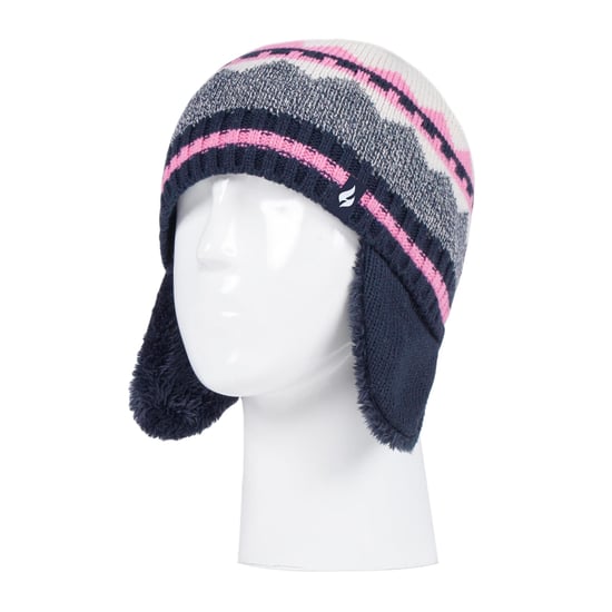 Heat Holders - Girls Nordic Pattern Fairisle Design Trapper Hat with Pom Pom and Mittens Gloves Set - Navy - Image 3