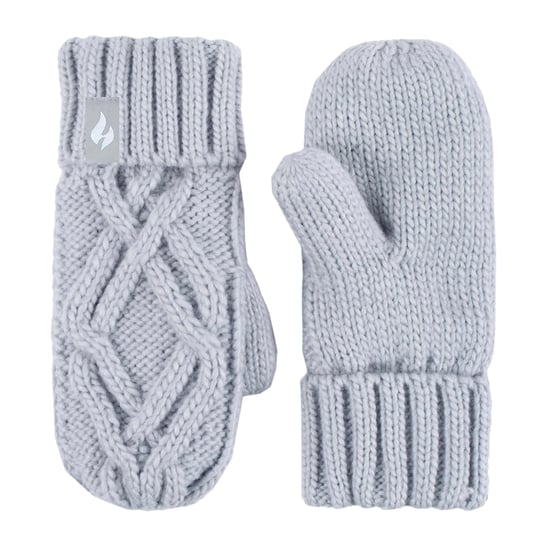 Heat Holders - Girls Majestic Soft Cosy Cable Knitted Design Bobble Trapper Hat and Mittens Gloves Set - Frost Grey - Image 4
