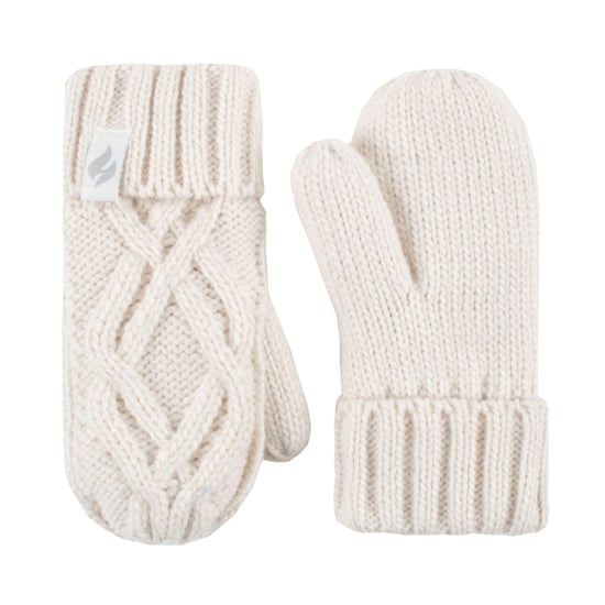 Heat Holders - Girls Majestic Soft Cosy Cable Knitted Design Bobble Trapper Hat and Mittens Gloves Set - Buttercream - Image 4