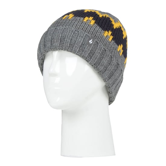 Heat Holders - Boys Thick Ribbed Woven Knitted Soft Pom Pom Bobble Beanie Hat - Pebble Melange/Gold/Navy - Image 3