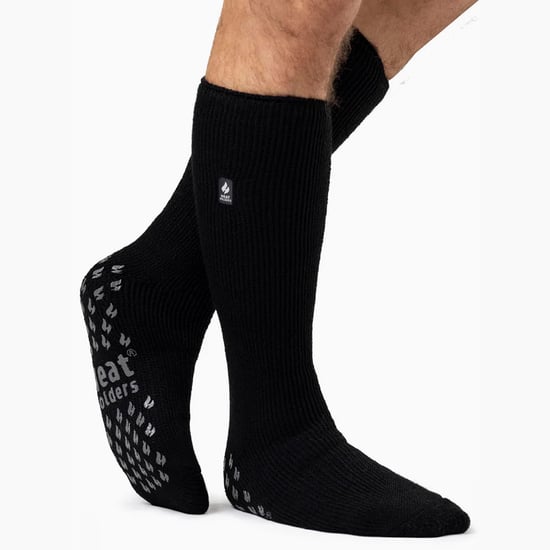 Knähöga toffelsockor för herrar för vintern | värmehållare | fleecefodrade halkfria långstrumpor med halkskydd - svart / grå - Image 3
