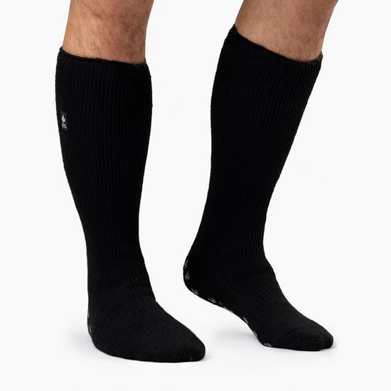 Knähöga toffelsockor för herrar för vintern | värmehållare | fleecefodrade halkfria långstrumpor med halkskydd - svart / grå - Image 4