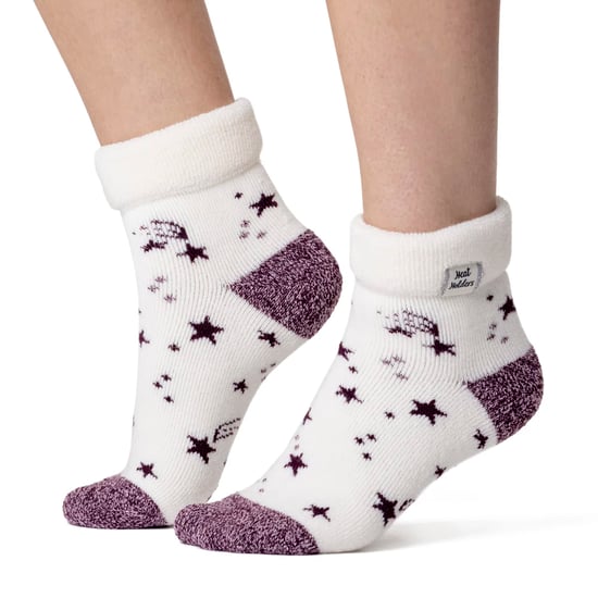Mysiga damstrumpor med vändbar manschett | värmehållare | varma fluffiga loungestrumpor för vintern - Ivory/Cabernet Stars - Image 3