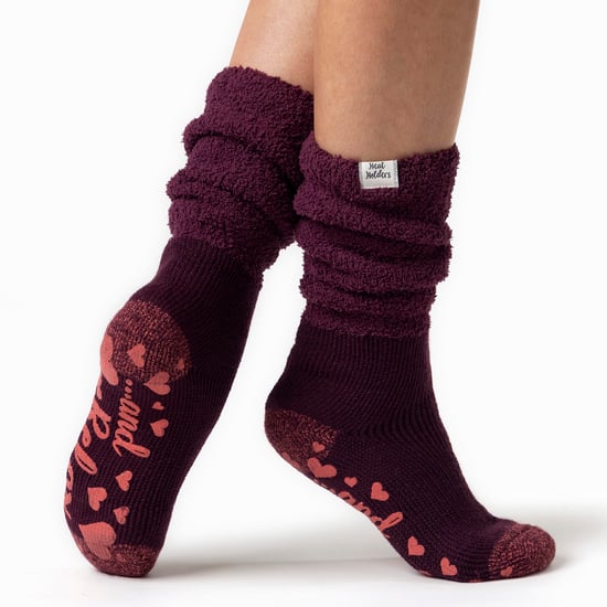 Heat Holders - Ladies Soft Fluffy Slouch Top Non Slip Slipper Thermal Bed Socks with Grippers - Wine (Slouch) - Image 5