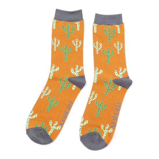 Mens Cactus Socks | Mr Heron | Novelty Colourful Funny Plant Printed Bamboo Socks | Fancy Christmas Gift for Him - Cacti (Mustard) - Image 3
