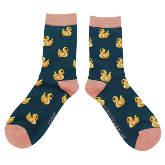 Women's Novelty Rubber Ducks Socks | Miss Sparrow | Soft Breathable Duck Pattern Bamboo Socks - Teal - Image 3