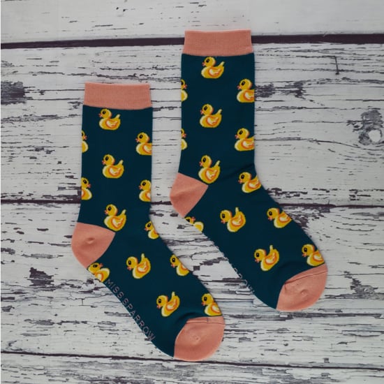 Women's Novelty Rubber Ducks Socks | Miss Sparrow | Soft Breathable Duck Pattern Bamboo Socks - Teal - Image 5