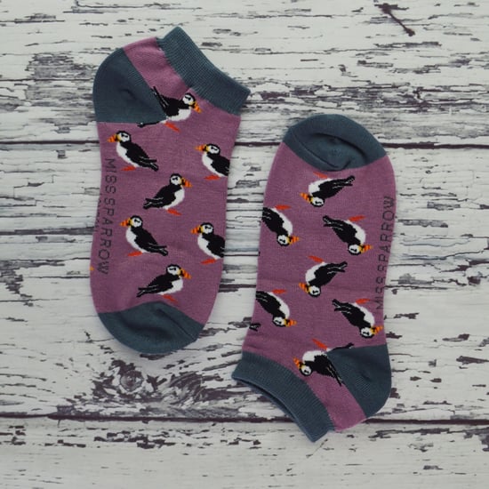 Ladies Bamboo Trainer Socks | Miss Sparrow | Breathable Low Cut Socks for Women - Sausage Dogs (Blue) - Image 5