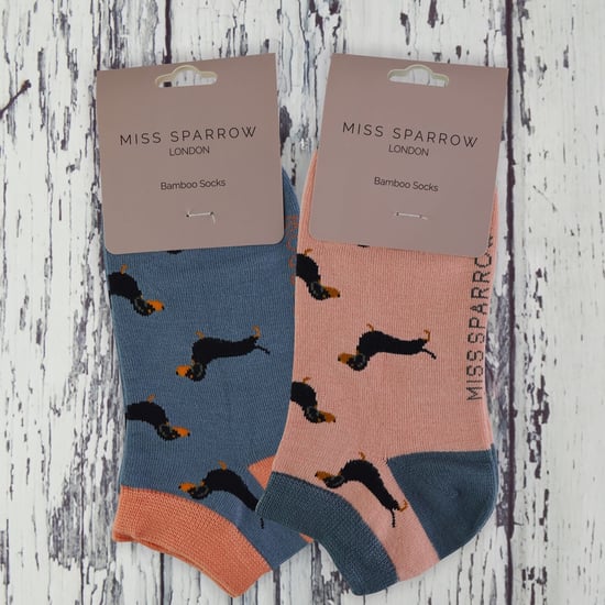 2 Pair Multipack Ladies Bamboo Trainer Socks | Miss Sparrow | Breathable Novelty Animal Patterns Socks - Sausage Dog - Image 5